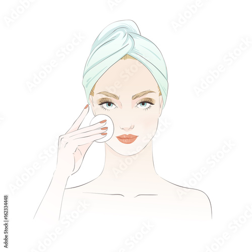 Beautiful girl during beauty ritual, removing makeup. Vector hand drawn illustration.
