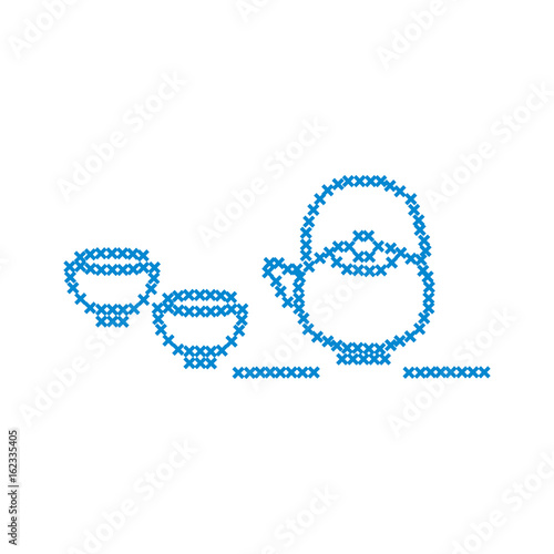 Cute vector illustration cross embroidery of teapot with two cups.