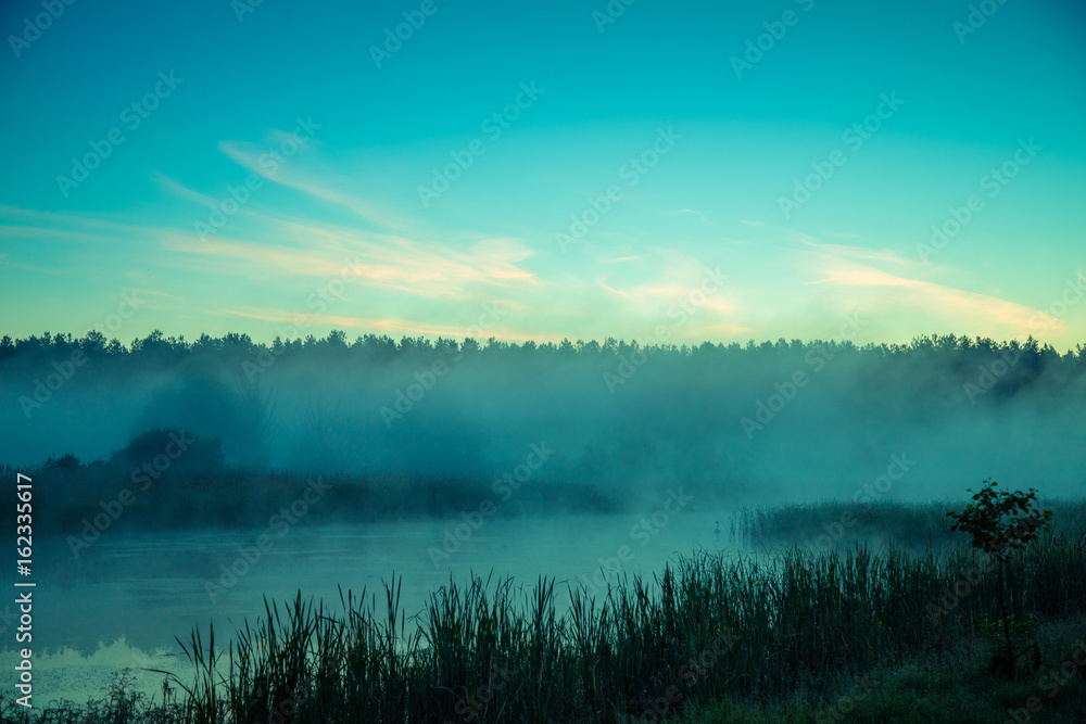 Fototapeta premium Foggy morning. Lake before sunrise. Rural landscape, mystical feeling