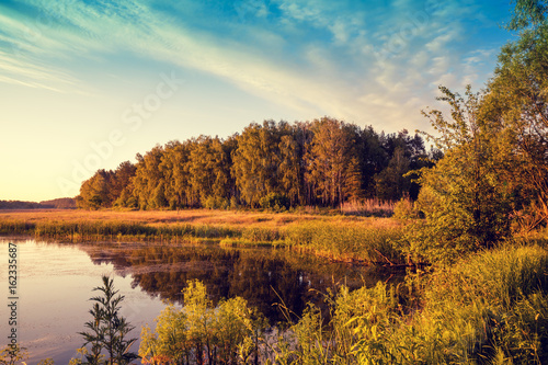 Morning on the lake. Rural landscape