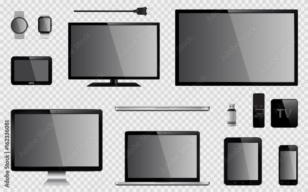 Set of realistic TV, computer monitor, laptops, tablet, mobile phone, smart  watch, usb flash drive, GPS navigation system device, TV box receiver with  remote controller and electric plug Stock Vector | Adobe