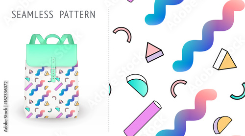 A set of summer seamless multicolor memphis patterns, demonstrated on textile backpack. Can be used for embroidery, print or silkscreen on fabric.