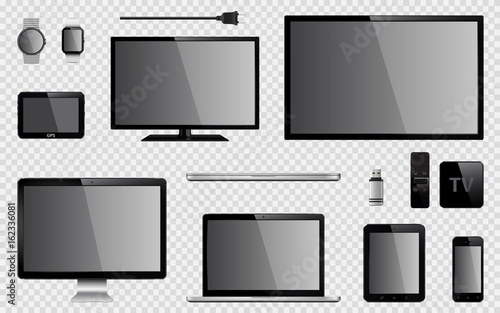 Set of realistic TV, computer monitor, laptops, tablet, mobile phone, smart watch, usb flash drive, GPS navigation system device, TV box receiver with remote controller and electric plug