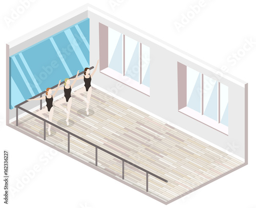 Isometric flat 3D isolated concept vector cutaway interiortraining dance-hall
