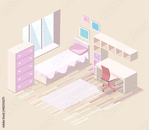 Isometric flat 3D isolated interior Girls all pink bedroom interior.