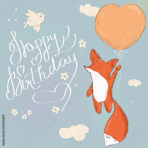 Happy Birthday. Beautiful greeting card calligraphy text with cute fox on balloon. Hand drawn invitation T-shirt print design. Handwritten modern brush lettering isolated vector