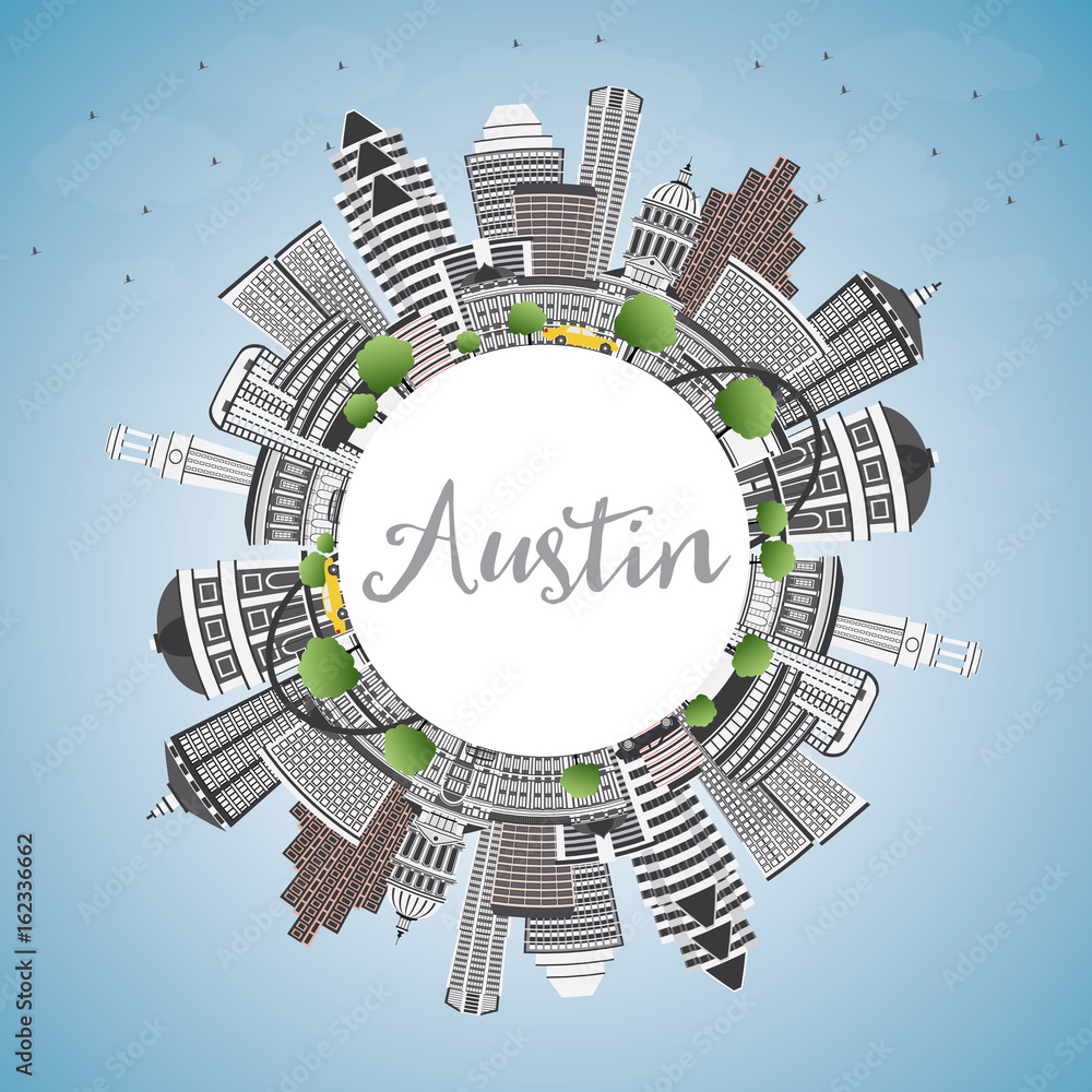 Austin Skyline with Gray Buildings, Blue Sky and Copy Space.
