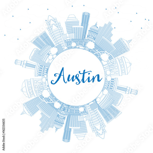Outline Austin Skyline with Blue Buildings and Copy Space.