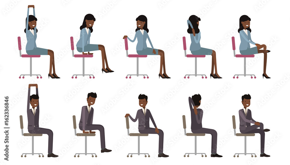 Office chair yoga. Corporate workout vector illustration on white isolated background. Business man and woman stretching on a work place.