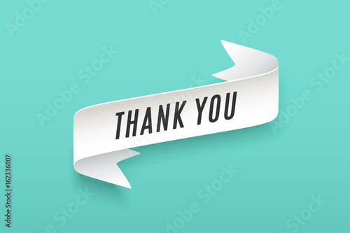 Paper ribbon with text Thank You. Colorful vintage banner with white paper ribbon with shadow and motivation message thank you. Hand-drawn element for design - banners, posters. Vector Illustration