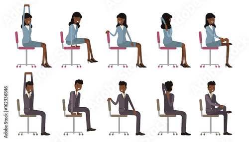 Office chair yoga. Corporate workout vector illustration on white isolated background. Business man and woman stretching on a work place.