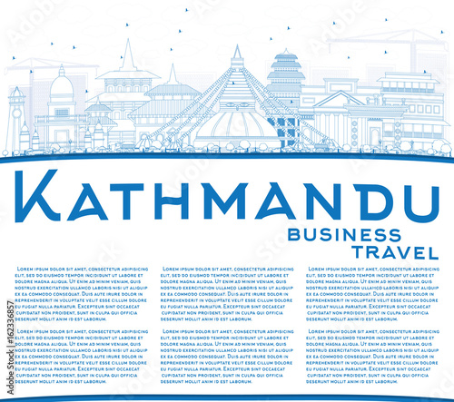 Outline Kathmandu Skyline with Blue Buildings and Copy Space.