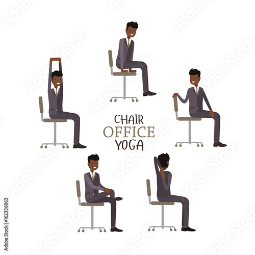 Office chair yoga. Corporate workout vector illustration on white isolated background. Business man stretching on a work place.