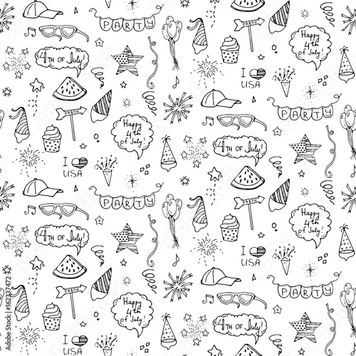 Seamless pattern hand drawn doodle Happy 4th of July icons set Vector illustration USA independence day symbols collection Cartoon sketch celebration elements: BBQ, food, drink, fireworks, American