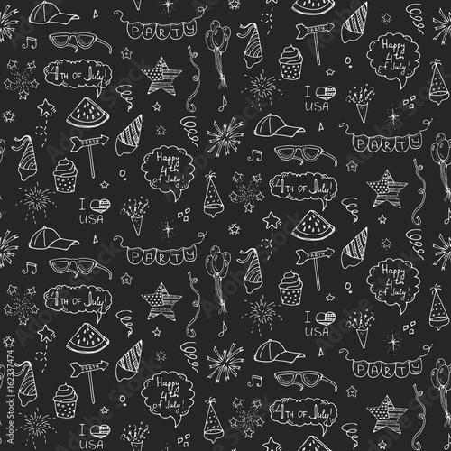 Seamless pattern hand drawn doodle Happy 4th of July icons set Vector illustration USA independence day symbols collection Cartoon sketch celebration elements  BBQ  food  drink  fireworks  American