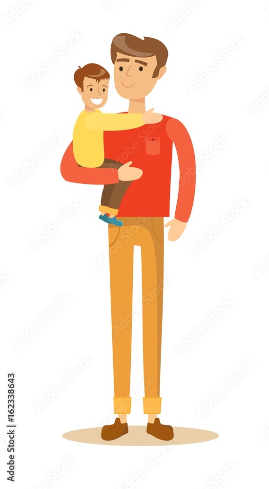 Obraz premium Dad holding his son and daughter. Vector illustration of a flat design