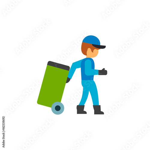 Garbage collector carrying trash bin icon