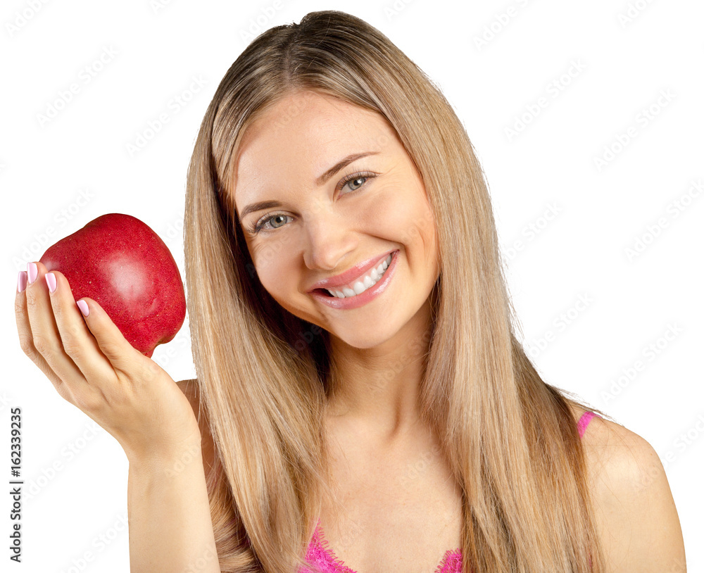 woman and red apple isolated over white backgoround woman and red apple isolated over white backgoround