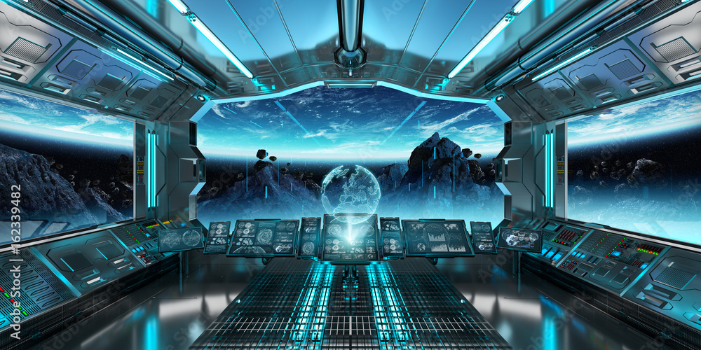 Naklejka premium Spaceship interior with view on the planet Earth 3D rendering elements of this image furnished by NASA