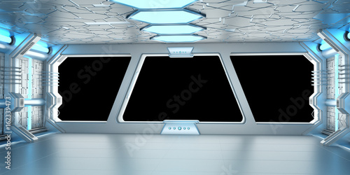 Fototapeta Naklejka Na Ścianę i Meble -  Spaceship blue and white interior 3D rendering
