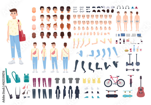 Teenager character constructor. Boy creation set. Different postures, hairstyle, face, legs, hands, clothes, accessories collection. Vector cartoon illustration. Front, side, back view.