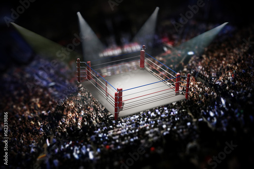 Empty boxing ring surrounded with spectators. 3D illustration photo