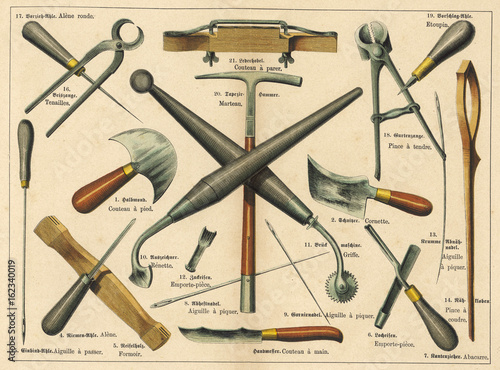 Tableau sur toile Tools used by a saddler and upholsterer. Date: 1875
