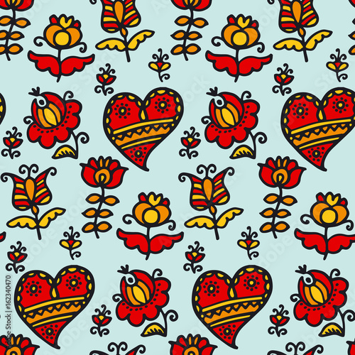 Hand drawn cute peasant flower and heart illustration. Abstract decorative floral seamless pattern. Image for surface design, header, poster, background in red and blue color. .