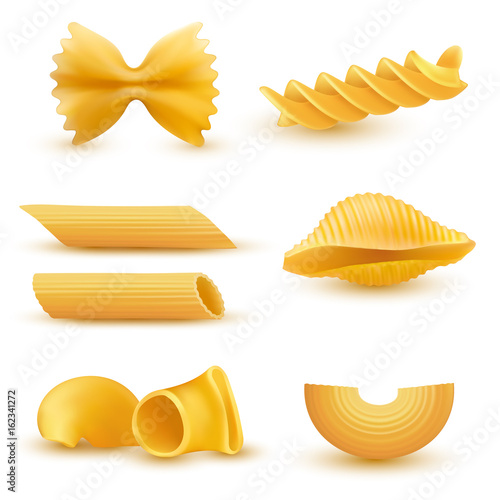 Vector illustration set of realistic icons of dry macaroni of various kinds, pasta, fusilli, conchiglio, rigatoni, farfalle, penne isolated on white background