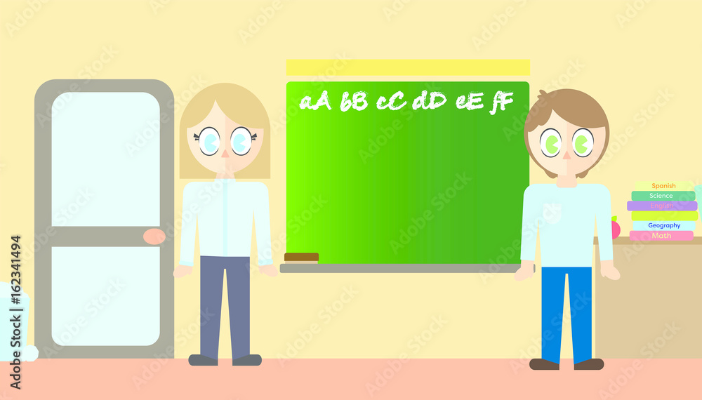 Vector of school teacher standing in classroom at school Vector of school teacher standing in classroom at school