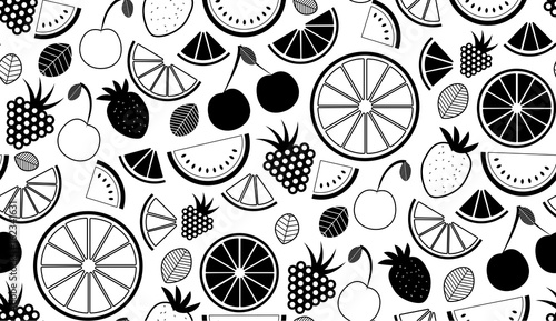 Monochromatic vector summer seamless pattern with fruits illustration isolated on white background