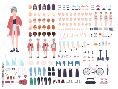Teenager character constructor. Young trendy girl creation set. Different postures, hairstyle, face, legs, hands, clothes, accessories collection. Vector cartoon illustration. Front, side, back view.