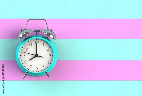 Alarm clock on blue and pink wooden board, 3D rendering