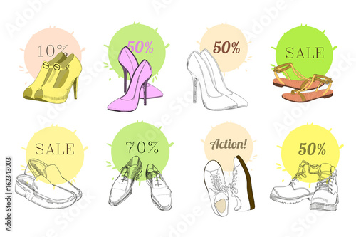 Set hand drawn graphic Man and Women Footwear, shoes for store discount. Casual and sport style, gumshoes for Shoes for all seasons. Moccasins, sneakers, boots, pumps. Doodle, drawing Design isolated