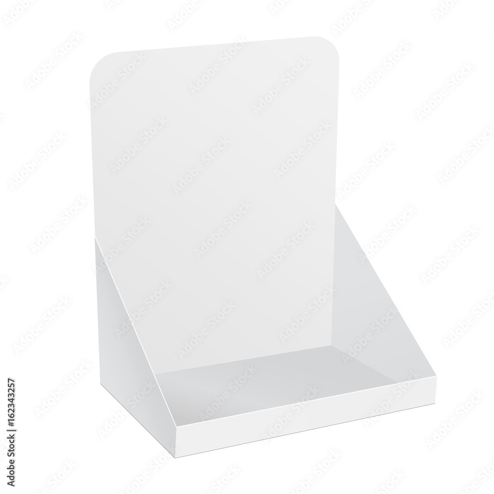 White blank cardboard display for advertising fliers, leaflets or products. Half side view mockup for showcase your design. Vector illustration White blank cardboard display for advertising fliers, leaflets or products. Half side view mockup for showcase your design. Vector illustration