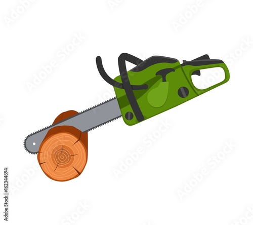 Chainsaw sawing wood tree isolated on white background. Professional instrument, working tool. Petrol chain saw. Vector illustration