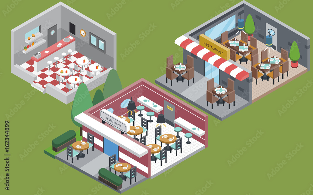 Collection of isolated Isometric restaurant interior in different styles