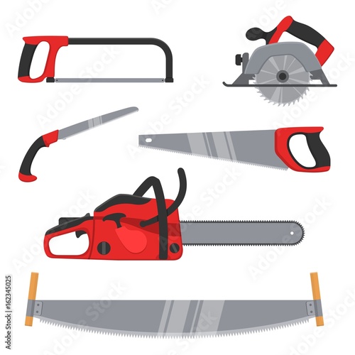 Lumberjack and woodworking tools icons isolated on white background. Axeman instruments saw set. Carpentry tools for sawing wood products. Timber industry vector illustration.