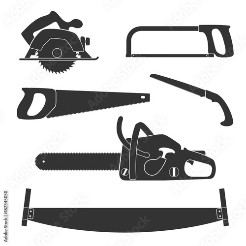 Lumberjack and woodworking tools icons isolated on white background. Axeman instruments saw set. Carpentry tools for sawing wood products. Timber industry vector illustration.