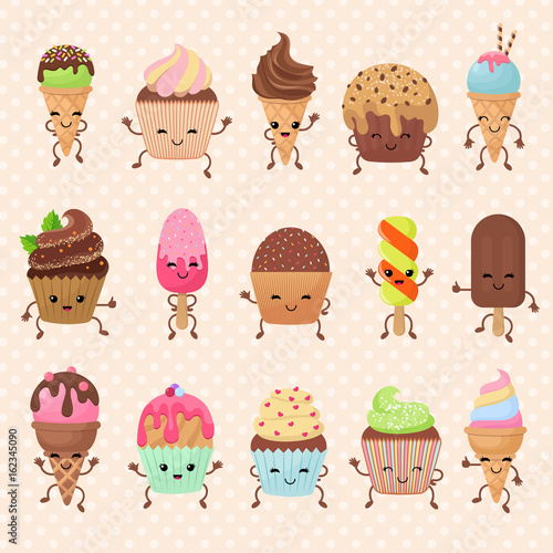 Funny vector cupcake and ice cream dessert characters