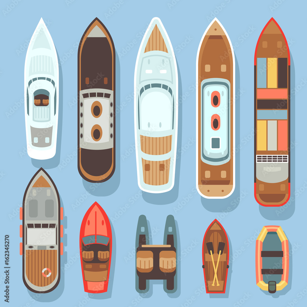 Fototapeta premium Top aerial view boat and ocean ships vector set