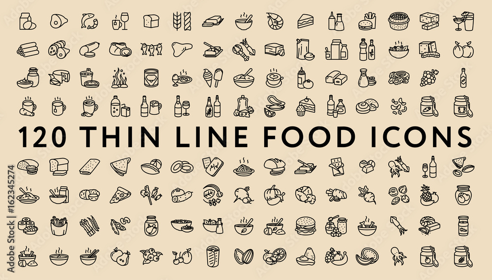 Big Set of 120 Thin Line Stroke Food Icons. Meat, milk, seafood, pasta, soup, bread, egg, cake, sweets, fruits, vegetables, drinks, nutrition, pizza, fish, sauce, cheese, butter, pie, nuts, snacks - obrazy, fototapety, plakaty 