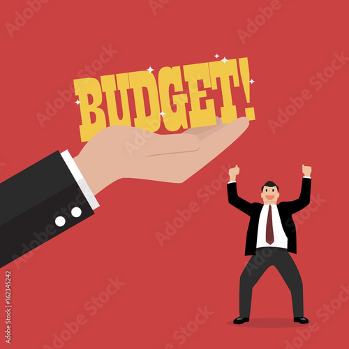 Big hand give a budget to businessman