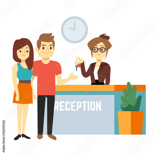 Young and happy couple at reception with smiling receptionist. Hotel reservation on holiday flat vector concept