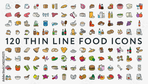 Big Set of 120 Thin Color Line Stroke Food Icons. Meat, milk, seafood, pasta, soup, bread, egg, cake, sweets, fruits, vegetables, drinks, nutrition, pizza, fish, sauce, cheese, butter, nuts, snacks