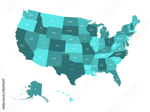 Map of United States of America, USA, in four shades of turquoise blue with white state labels. Simple flat vector illustration isolated on white background.
