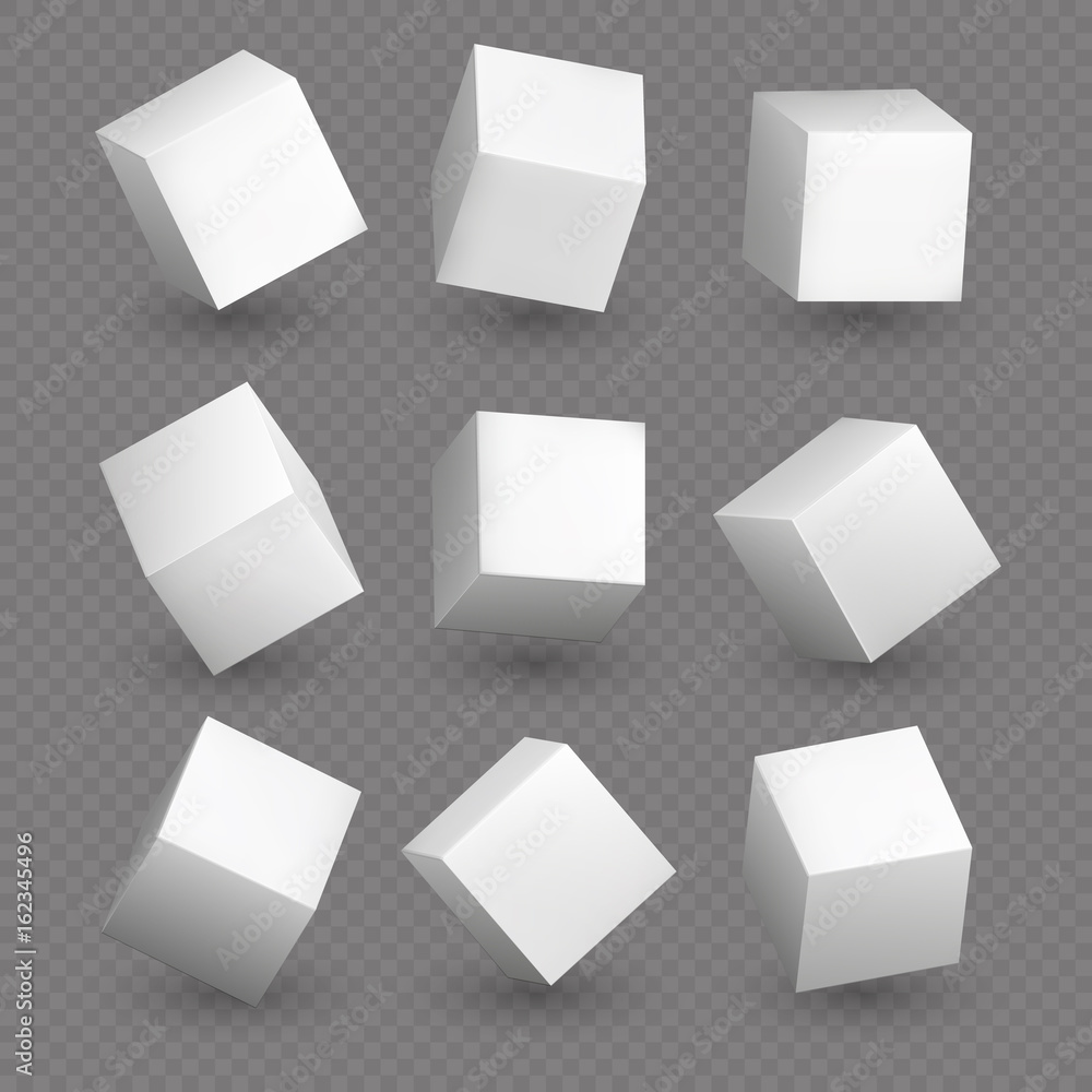 Cube 3d models in perspective. Realistic white blank cubes with shadows isolated Cube 3d models in perspective. Realistic white blank cubes with shadows isolated