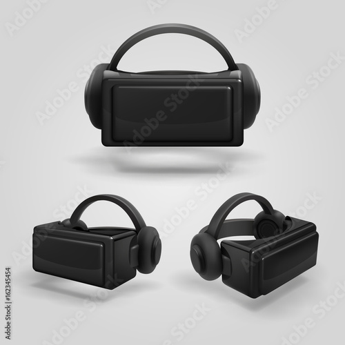 Headset and stereoscopic virtual reality goggles. Realistic vr glasses and headphones vector illustration
