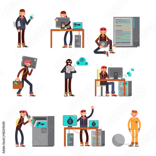 Criminal hackers breaking computer bank accounts. Finance and internet security protection icons with cartoon thief characters