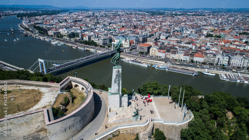 Aerial View of Budapest and the Danube River and Liberty statue